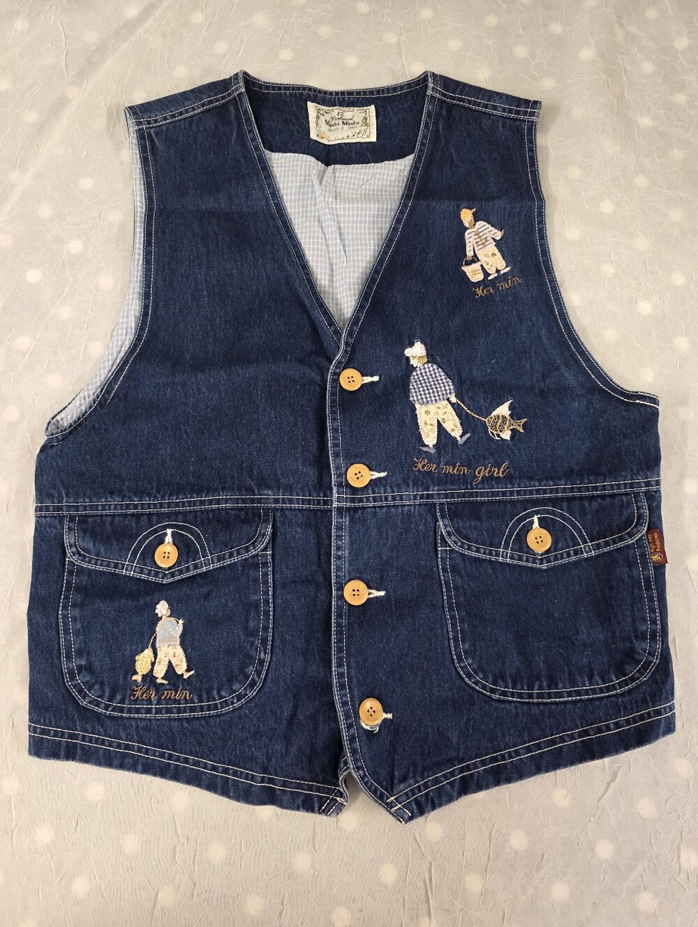 Vtg Denim Embroidered Button Front Vest - Navy Blue with Yellow Accents